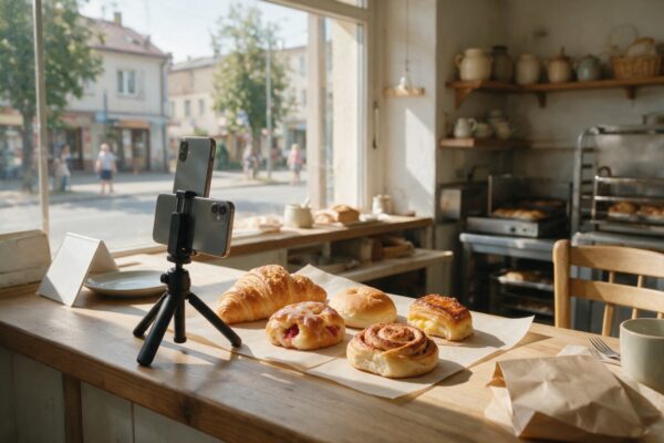 Telefon na statywie fotografuje świeże wypieki na ladzie małej cukierni