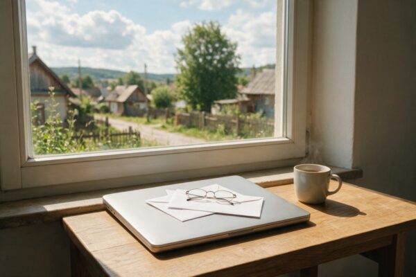 Zamknięty laptop z białymi kopertami i okularami na parapecie, widok na wieś