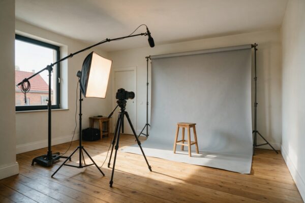 Studio fotograficzno-filmowe z tłem, kamerą na statywie, softboksem i mikrofonem