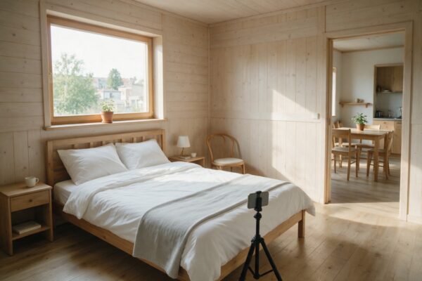 Telefon na statywie fotografuje wnętrze jasnego apartamentu na wynajem
