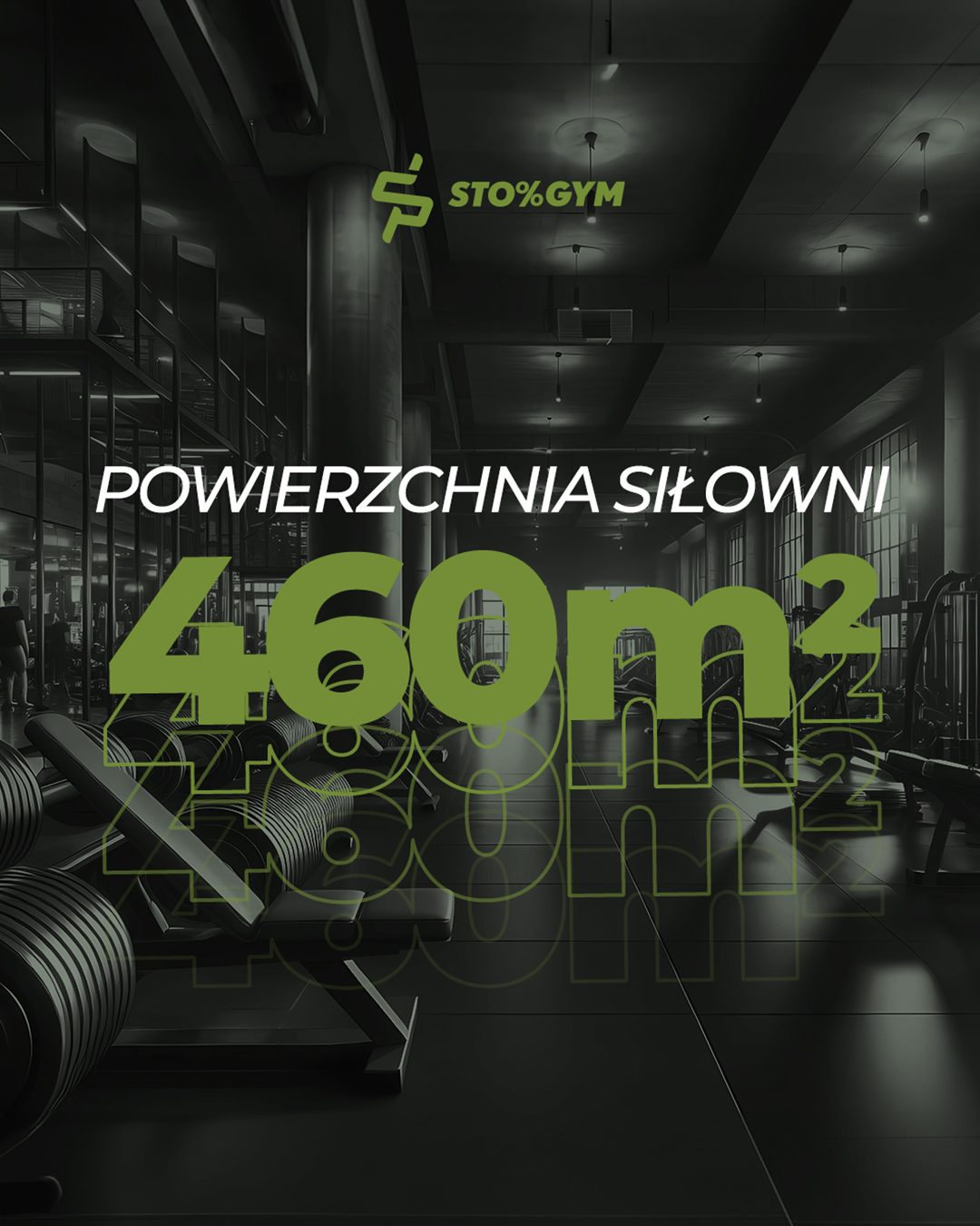 Plansza z powierzchnią siłowni 460 m kwadratowych