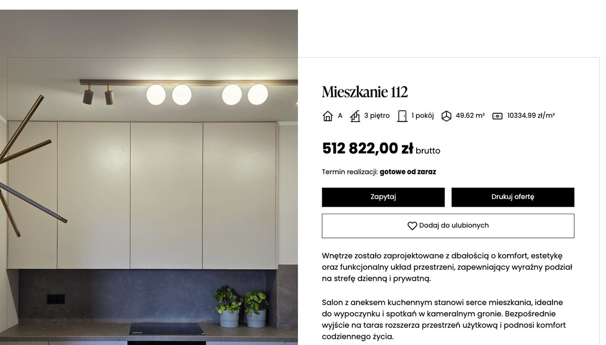 Karta mieszkania z ceną, ceną za metr i przyciskiem drukowania oferty