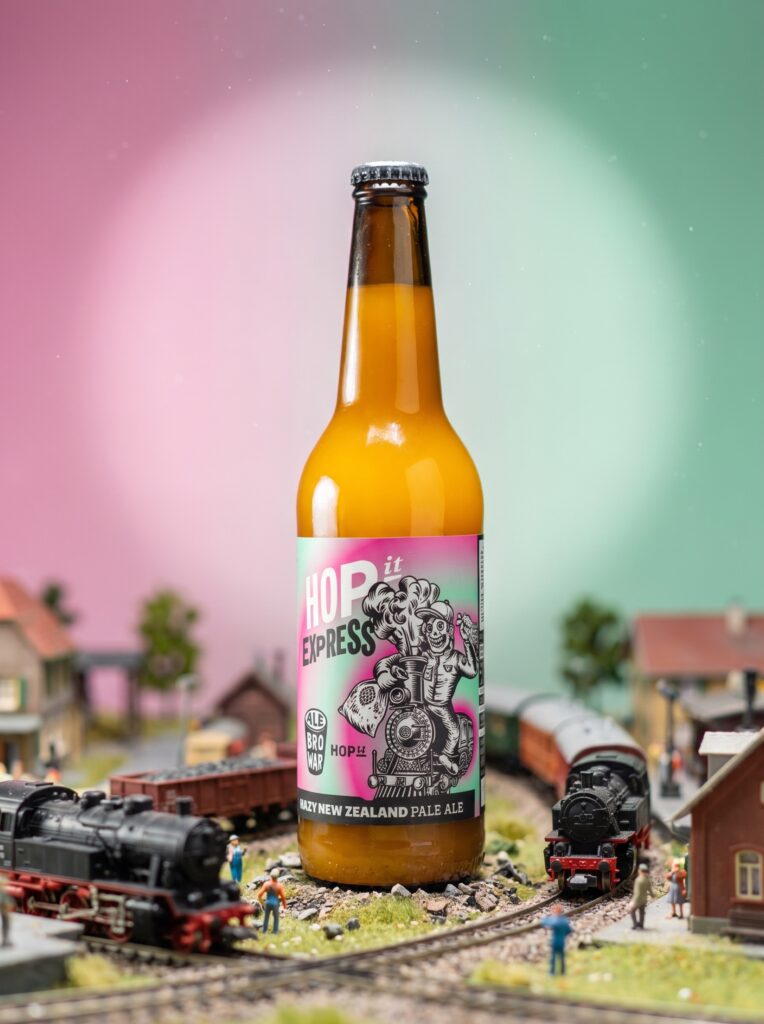 Sesja produktowa - piwo HOP it Express na makiecie kolejowej
