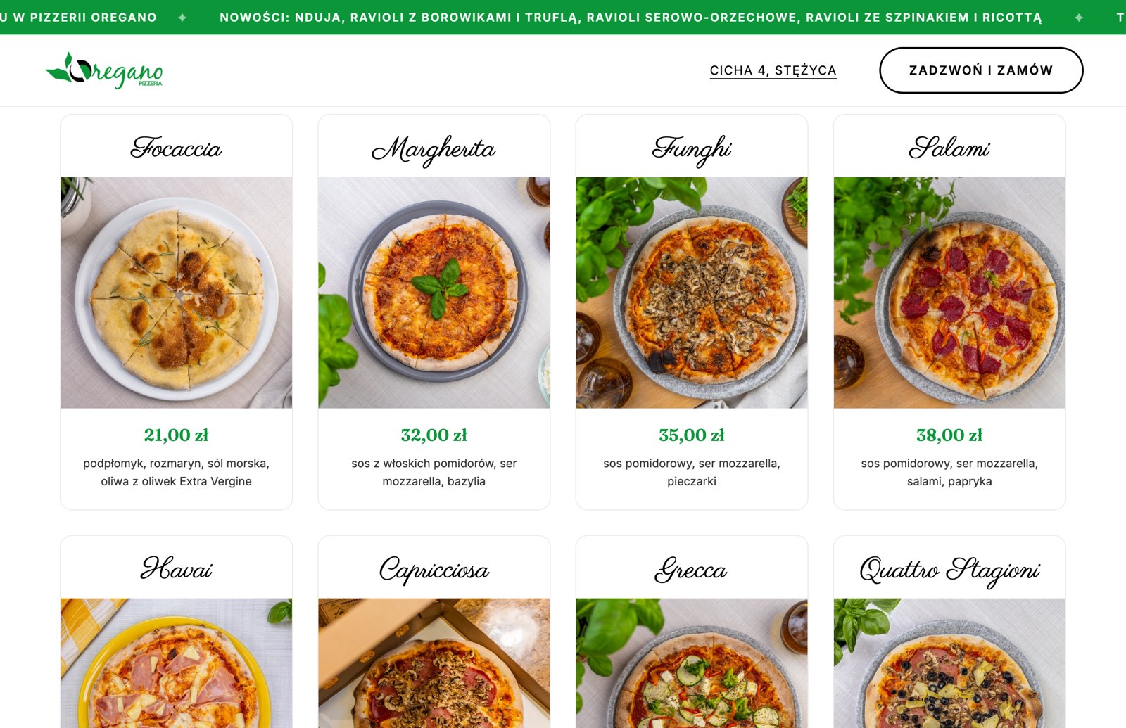 Strona Pizzerii Oregano, siatka kart z pizzami, każda ze zdjęciem, ceną i składnikami