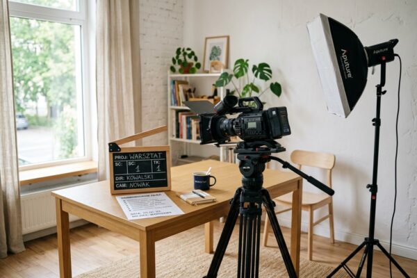 Kamera na statywie, softbox i klaps na stole - plan zdjęciowy przygotowany w biurze firmy