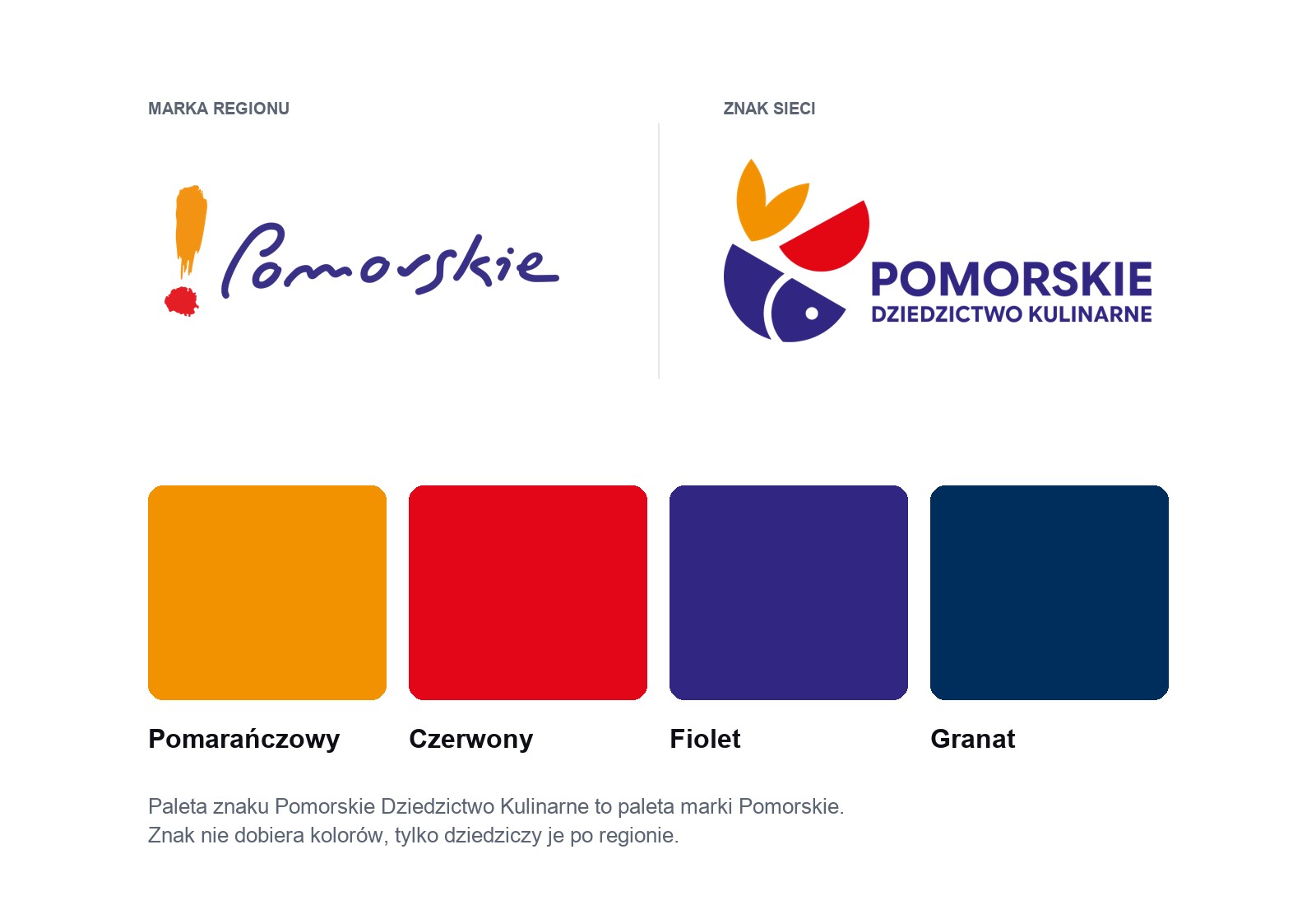 Logo marki Pomorskie obok znaku sieci i cztery wspolne kolory