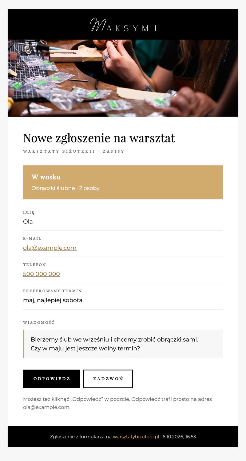 Mail ze zgłoszeniem na warsztat w barwach Maksymi, z przyciskami Odpowiedz i Zadzwoń