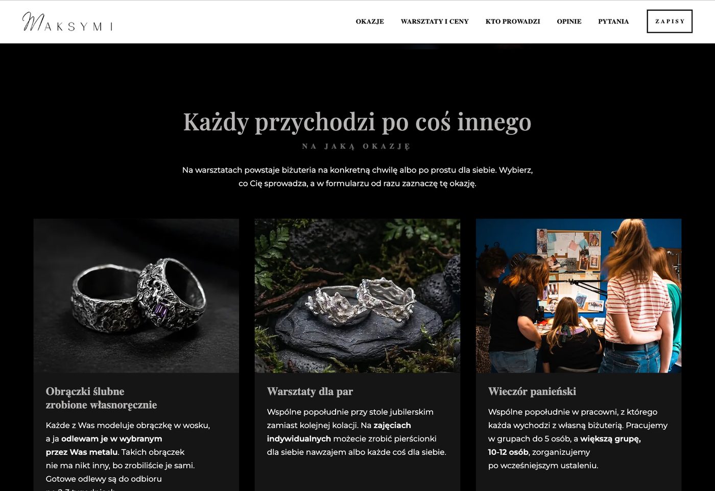 Sekcja okazji na stronie: obrączki ślubne, warsztaty dla par, wieczór panieński