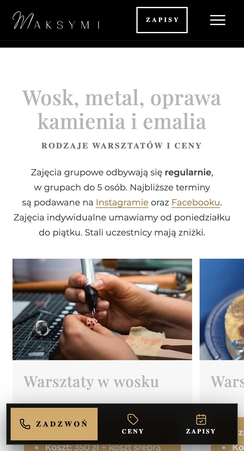 Rodzaje warsztatów z ceną i czasem trwania na telefonie, z dolnym paskiem Zadzwoń, Ceny, Zapisy